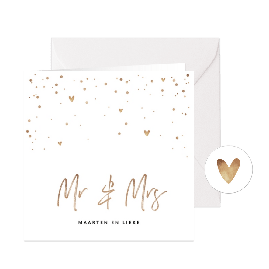 Trouwkaart Mr & Mrs met goudlook tekst, confetti en hartjes - Kaartimpressie