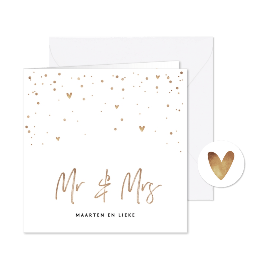 Trouwkaart Mr & Mrs met goudlook tekst, confetti en hartjes - Kaartimpressie