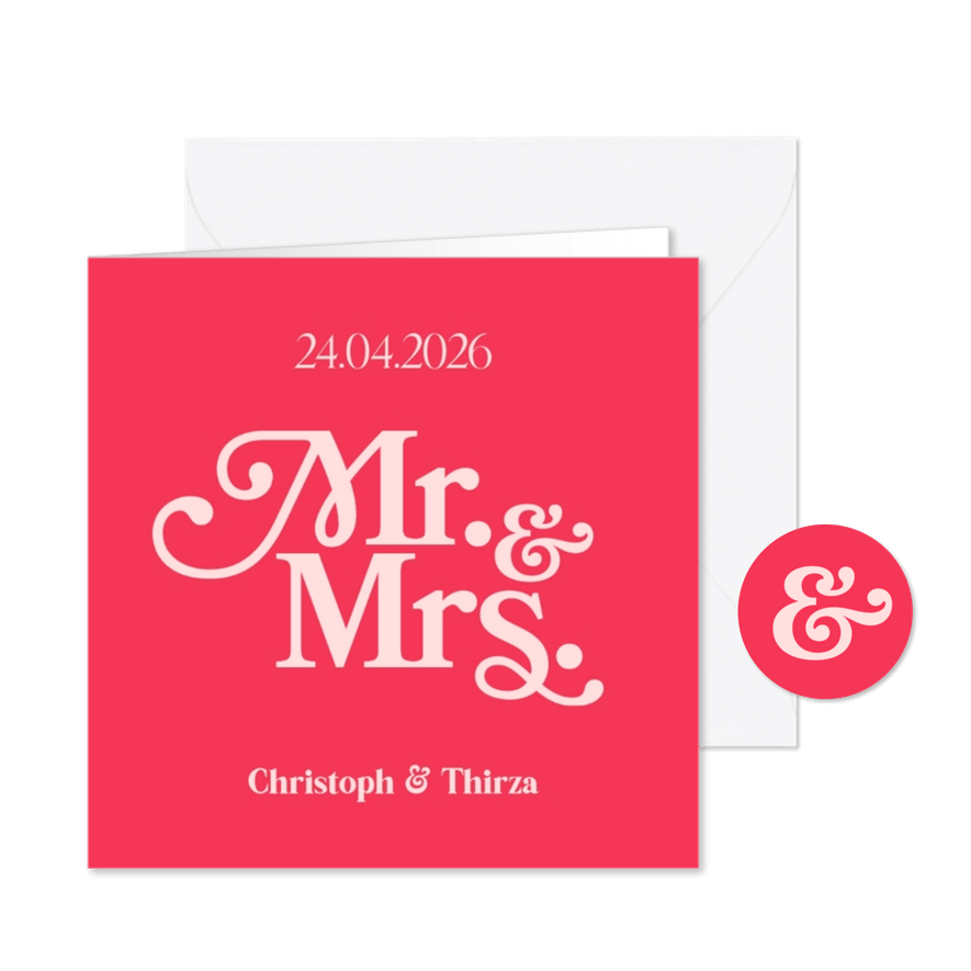Trouwkaart Mr. & Mrs. retro font hip roze - Kaartimpressie