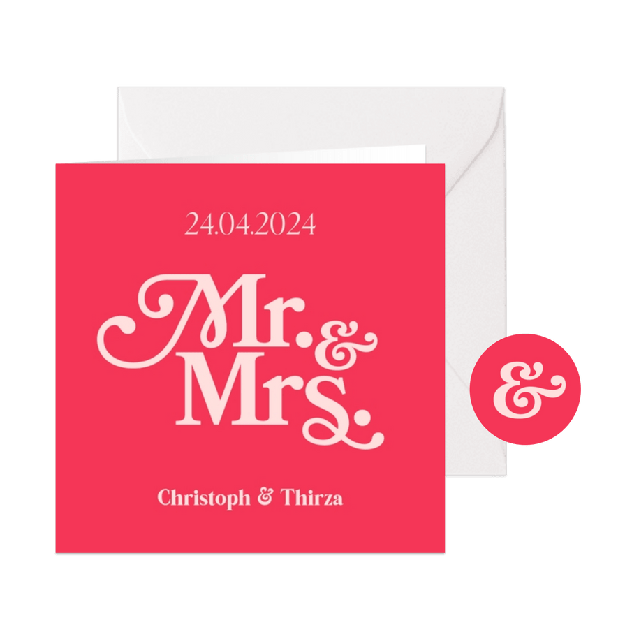 Trouwkaart Mr. & Mrs. retro font hip roze - Kaartimpressie