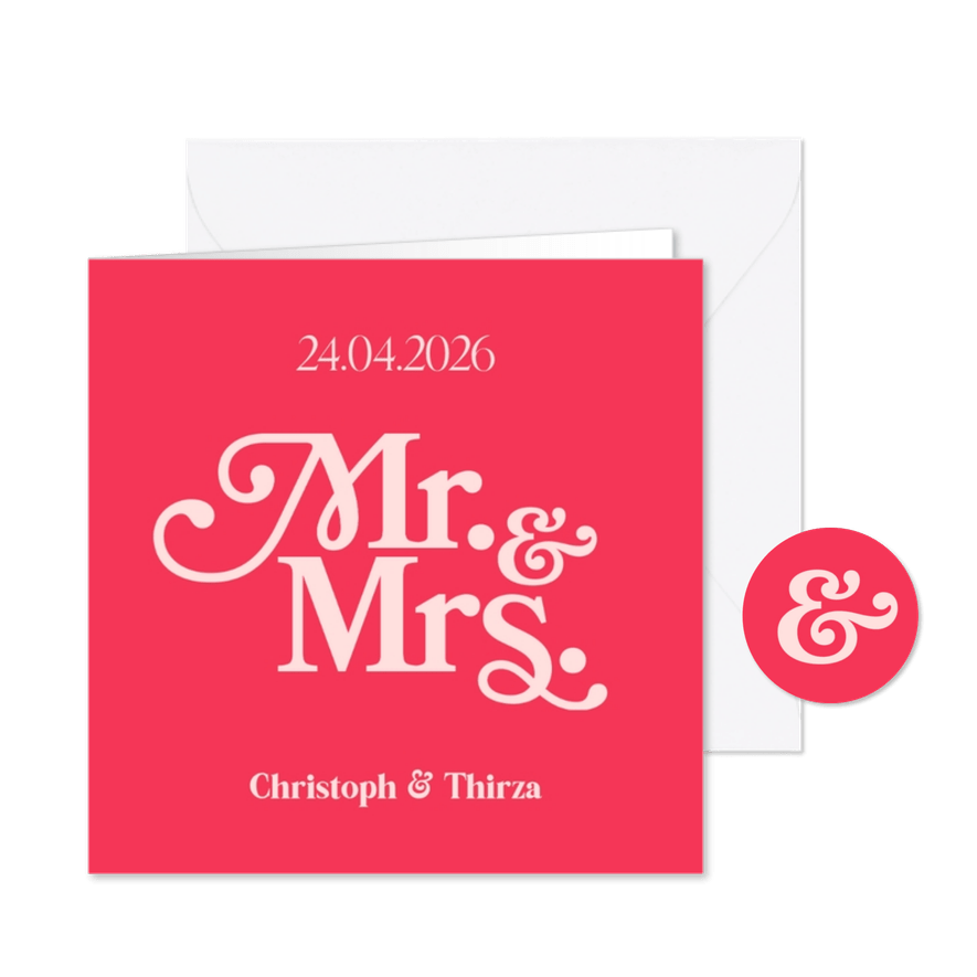 Trouwkaart Mr. & Mrs. retro font hip roze - Kaartimpressie