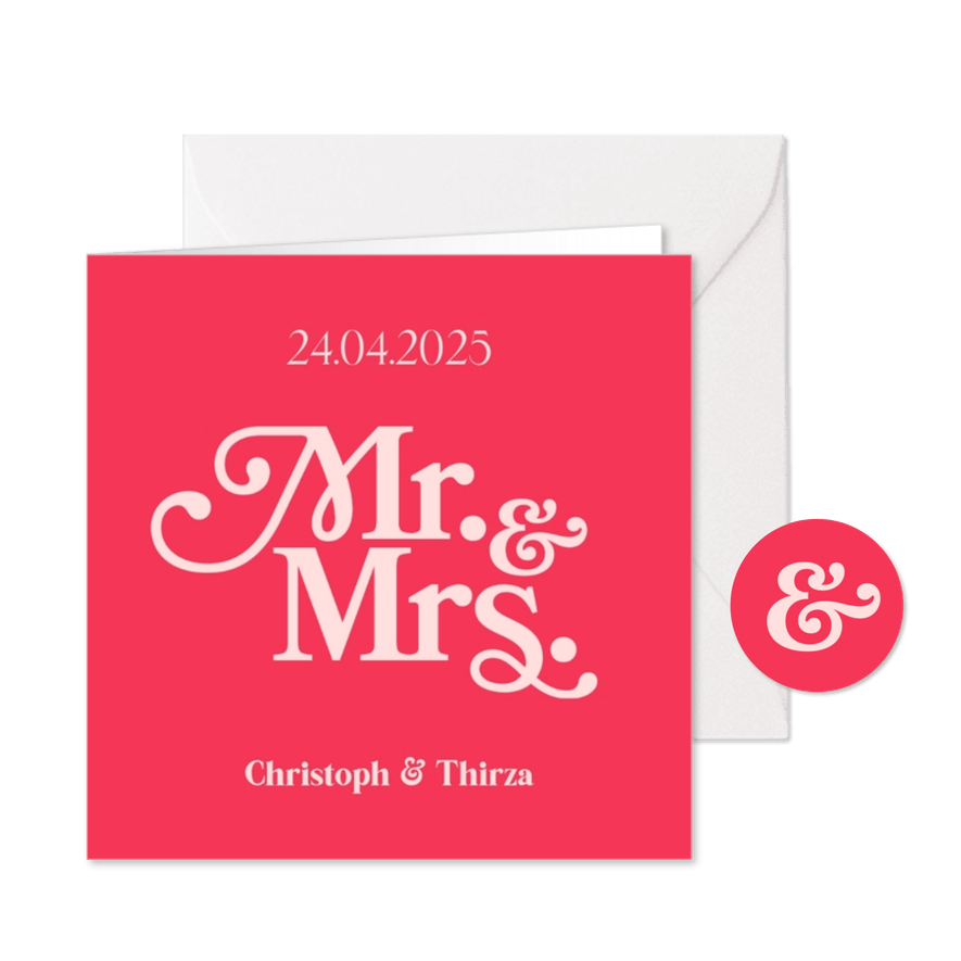 Trouwkaart Mr. & Mrs. retro font hip roze - Kaartimpressie