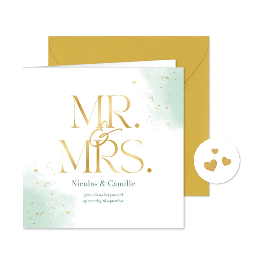 Trouwkaart mr. mrs. waterverf mintgroen goudlook hartjes - Kaartimpressie