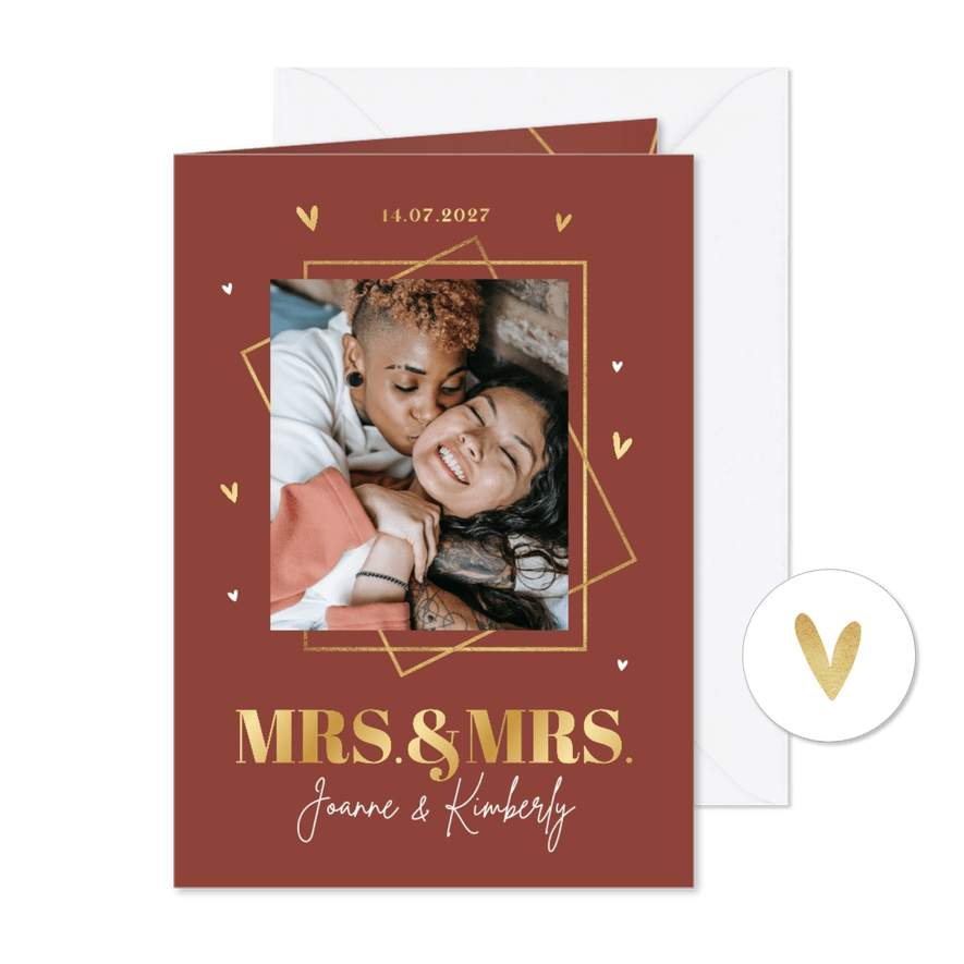 Trouwkaart mrs and mrs goud hartjes foto - Kaartimpressie