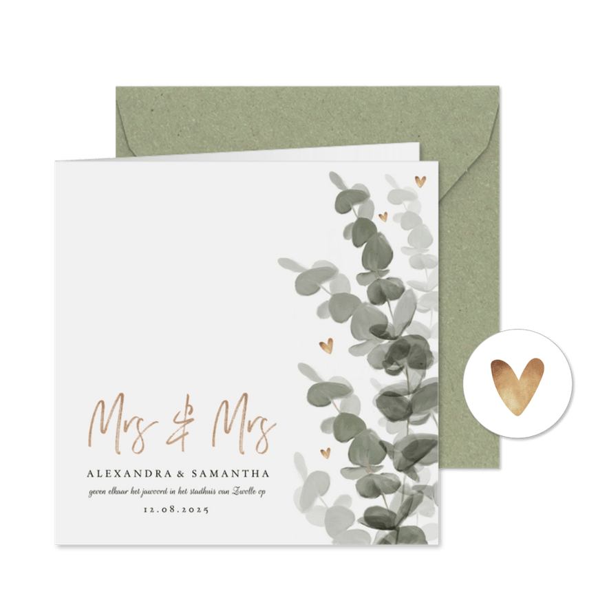 Trouwkaart mrs. & mrs. eucalyptus met gouden hartjes - Kaartimpressie