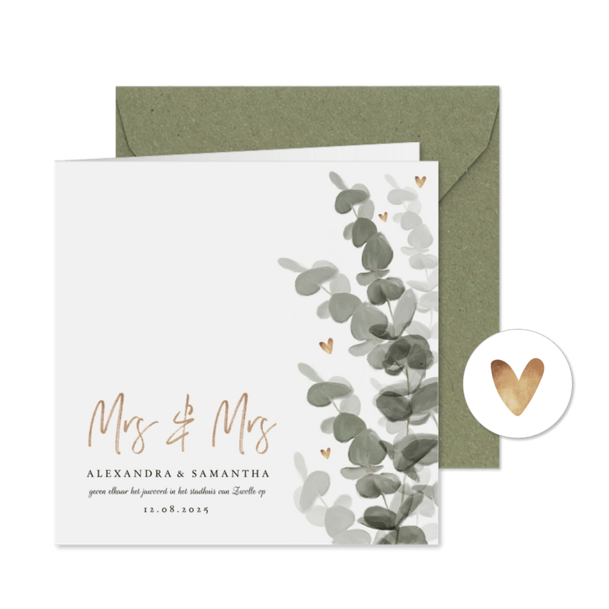 Trouwkaart mrs. & mrs. eucalyptus met gouden hartjes - Kaartimpressie