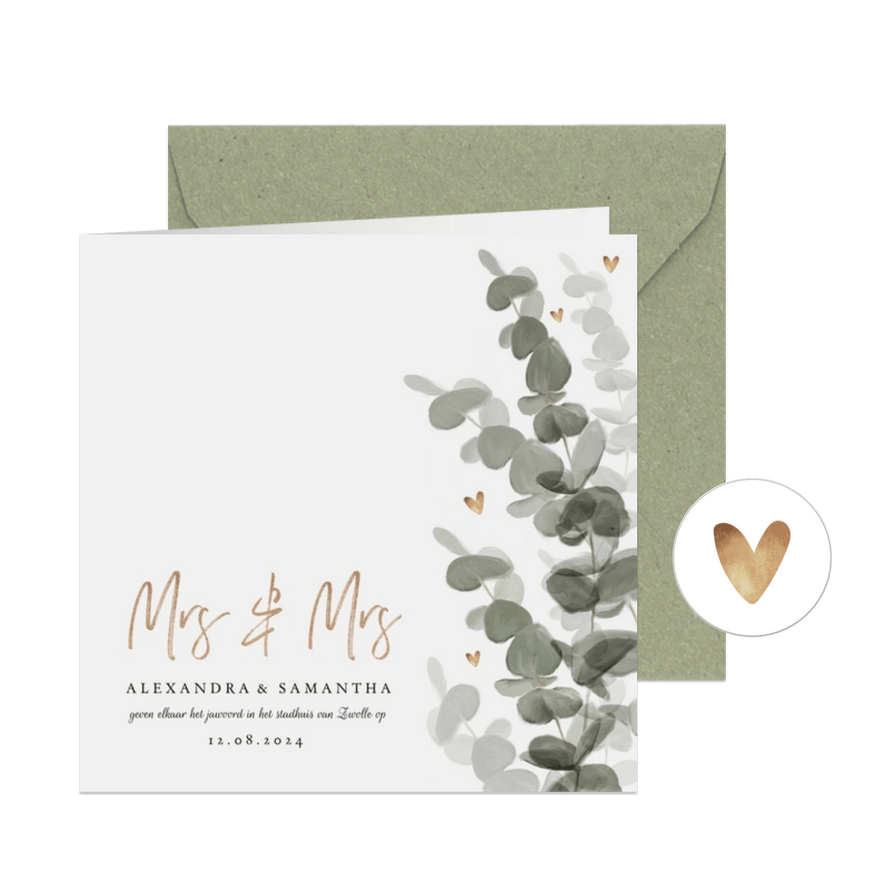 Trouwkaart mrs. & mrs. eucalyptus met gouden hartjes - Kaartimpressie