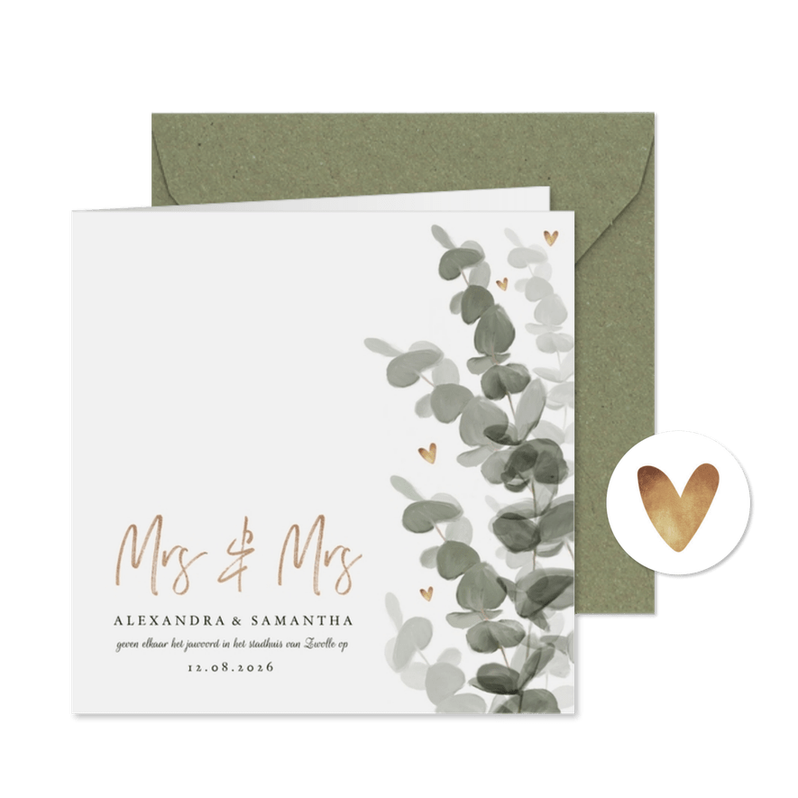 Trouwkaart mrs. & mrs. eucalyptus met gouden hartjes - Kaartimpressie