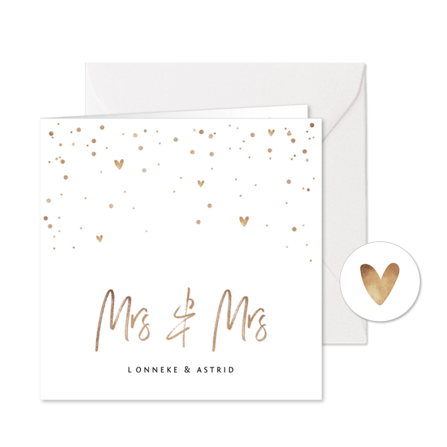 Trouwkaart Mrs & Mrs met goudlook tekst, confetti en hartjes - Kaartimpressie