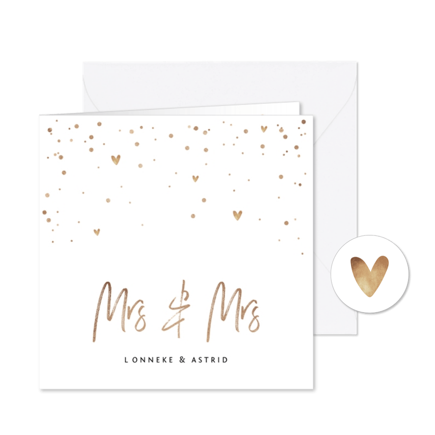 Trouwkaart Mrs & Mrs met goudlook tekst, confetti en hartjes - Kaartimpressie