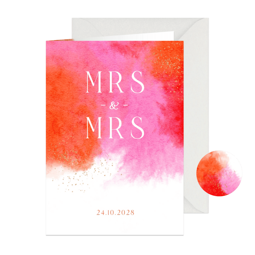 Trouwkaart mrs mrs waterverf roze goud trend - Kaartimpressie