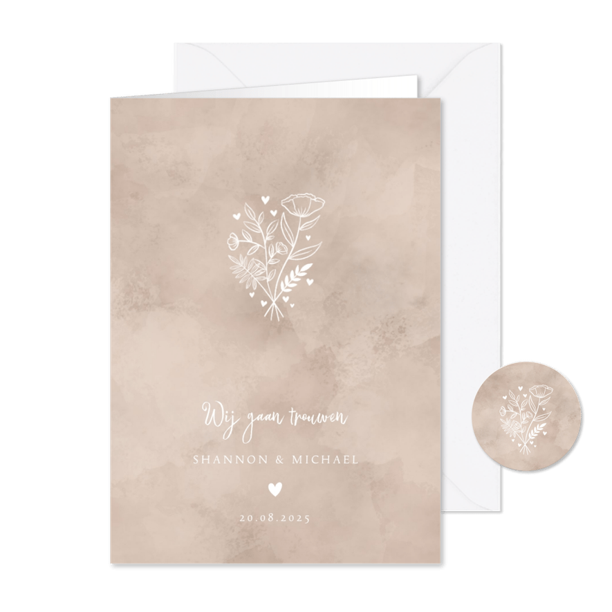 Trouwkaart naturel waterverf achtergrond, wit bosje bloemen - Kaartimpressie