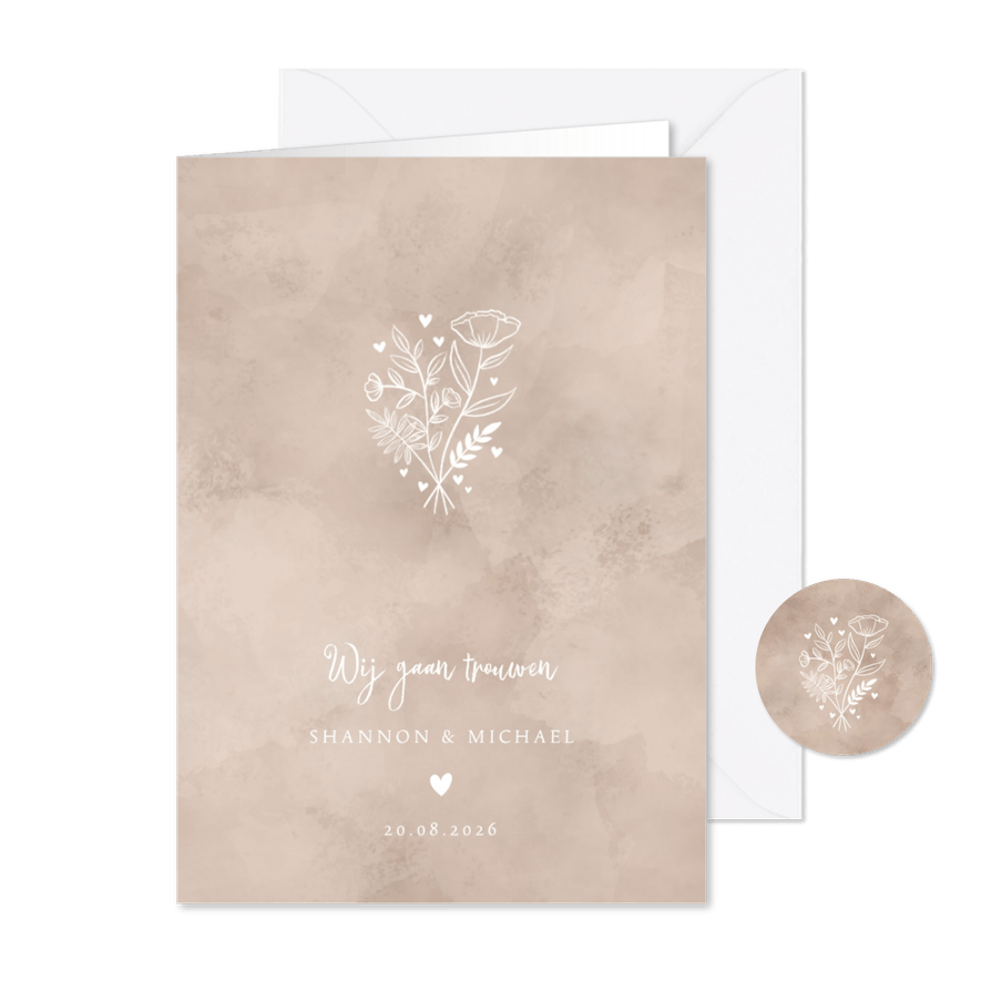 Trouwkaart naturel waterverf achtergrond, wit bosje bloemen - Kaartimpressie