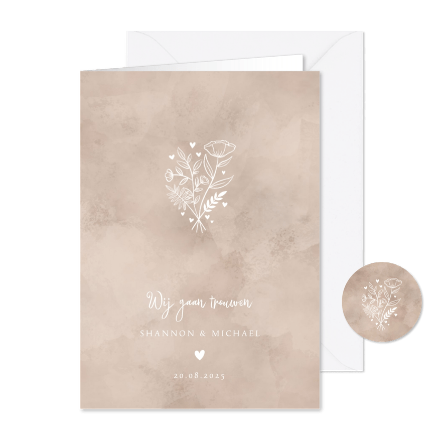 Trouwkaart naturel waterverf achtergrond, wit bosje bloemen - Kaartimpressie