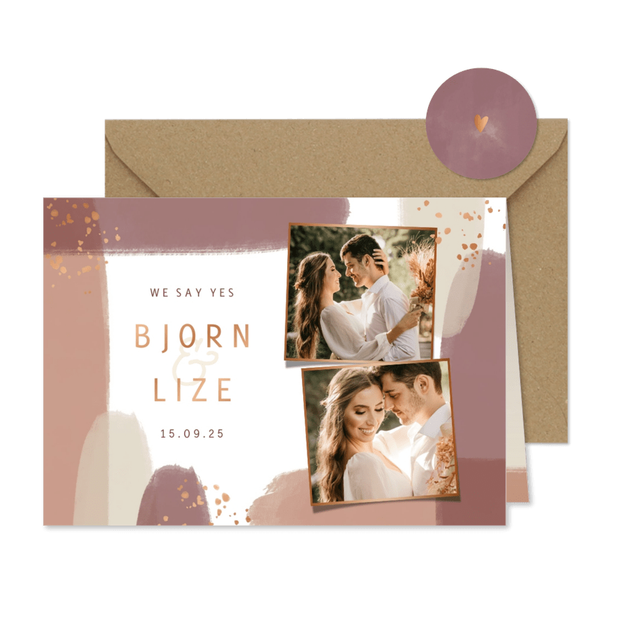 Trouwkaart naturel waterverf met foto's - Kaartimpressie