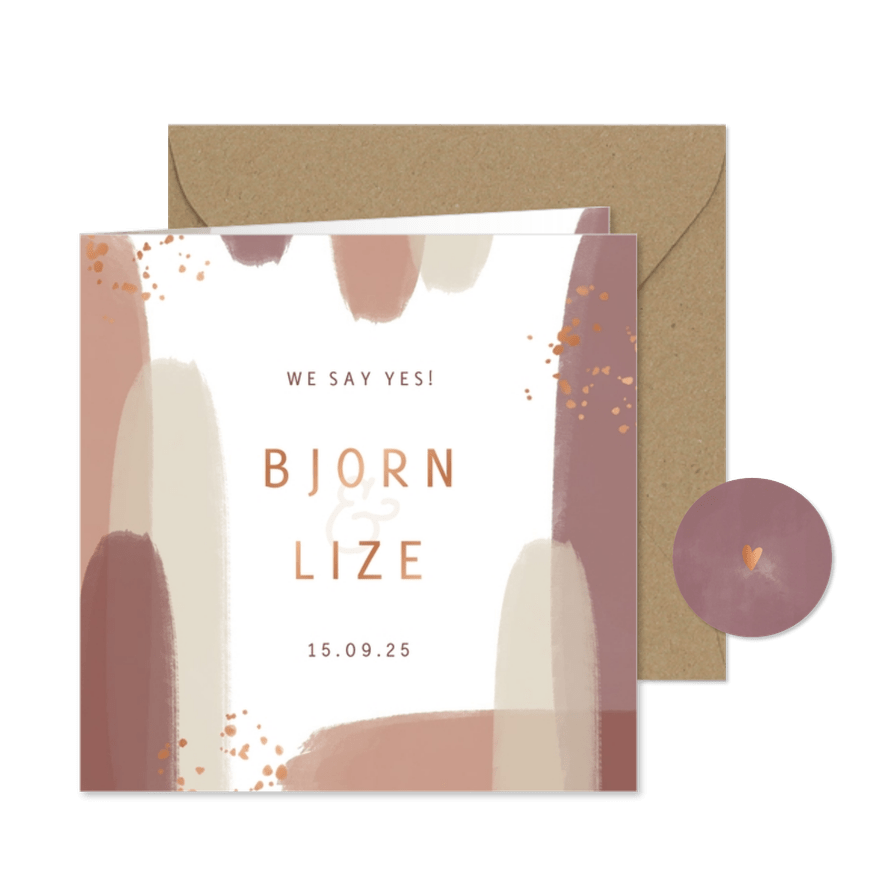 Trouwkaart naturel waterverf met koperkleurige spettertjes - Kaartimpressie