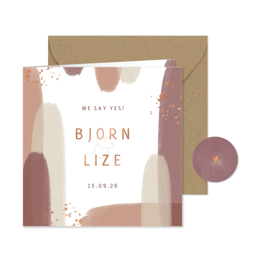 Trouwkaart naturel waterverf met koperkleurige spettertjes - Kaartimpressie
