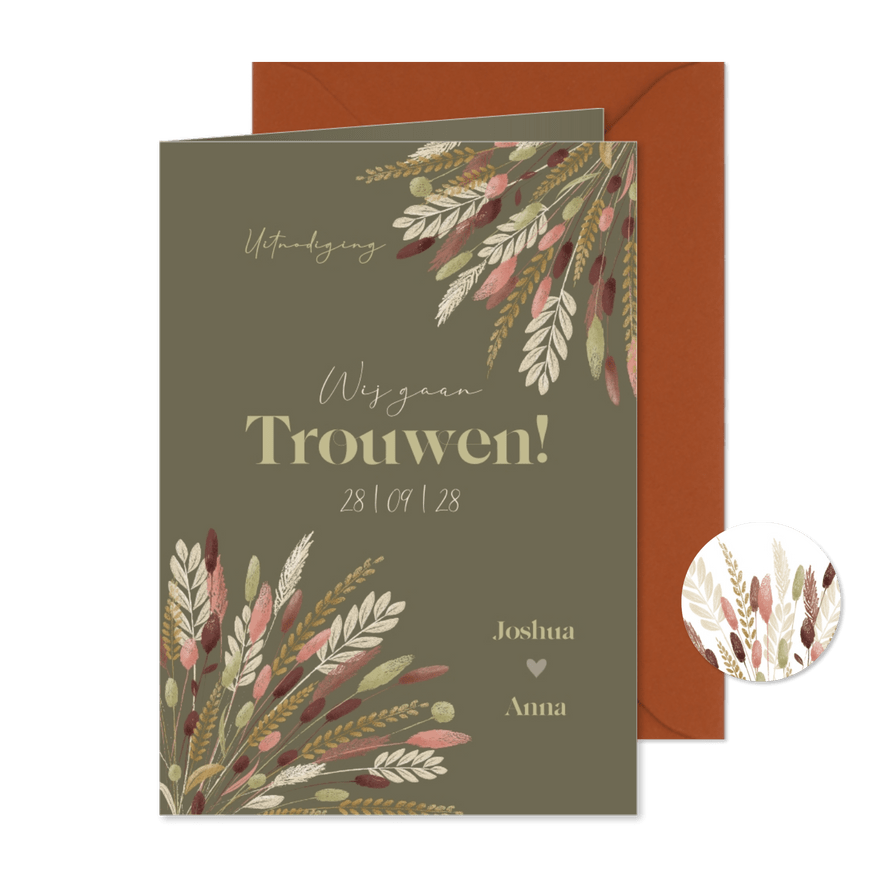 Trouwkaart natuurlijk boho chique droogbloemen boeket - Kaartimpressie