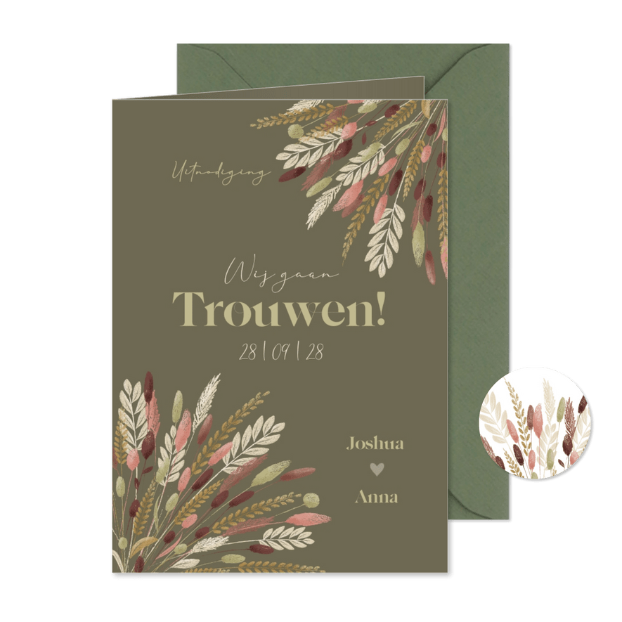 Trouwkaart natuurlijk boho chique droogbloemen boeket - Kaartimpressie