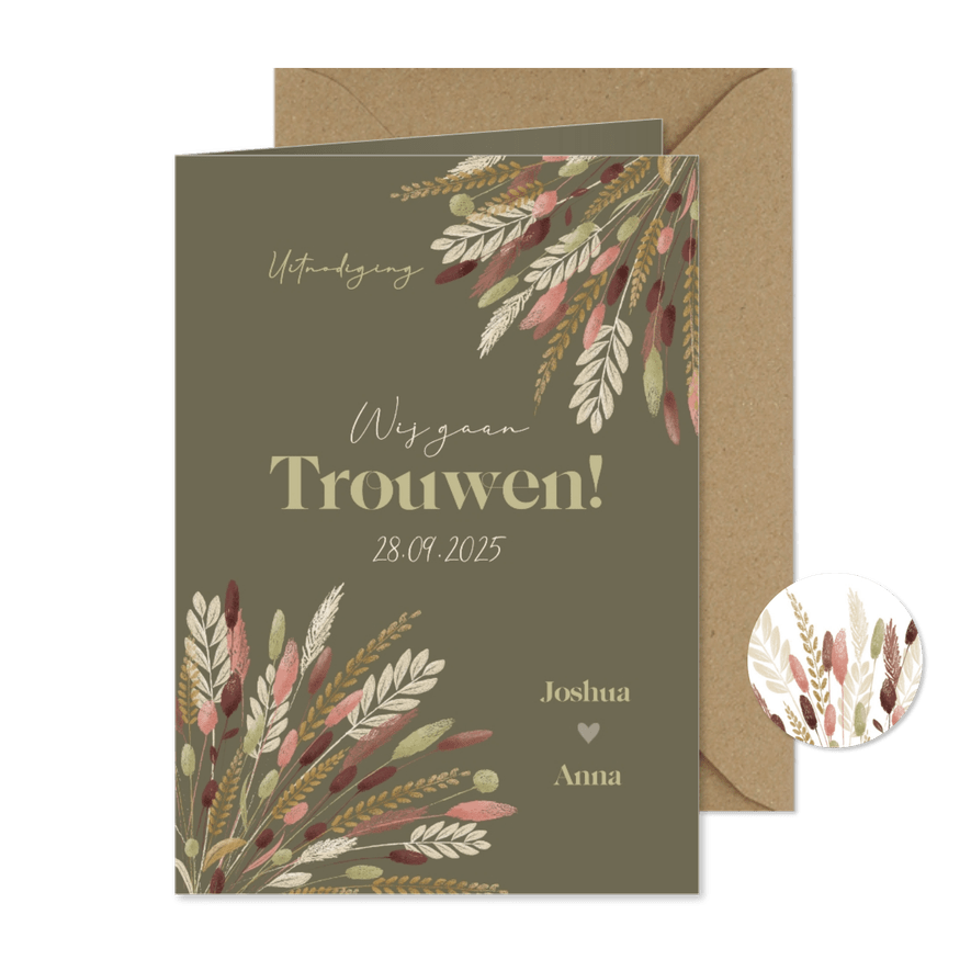Trouwkaart natuurlijk boho chique droogbloemen boeket - Kaartimpressie