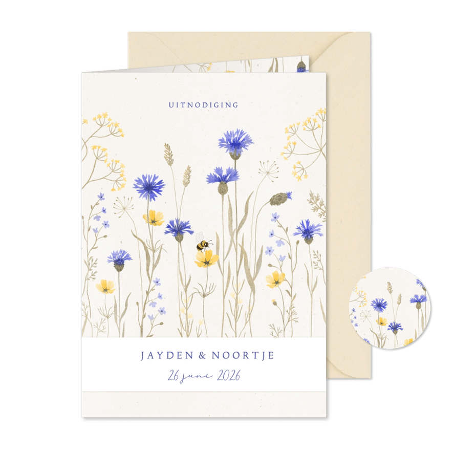 Trouwkaart natuurlijk met aquarel geschilderde wilde bloemen - Kaartimpressie