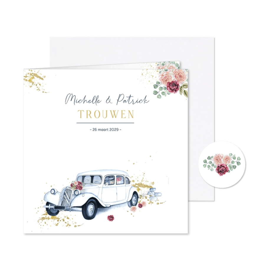 Trouwkaart oldtimer rozen - Kaartimpressie