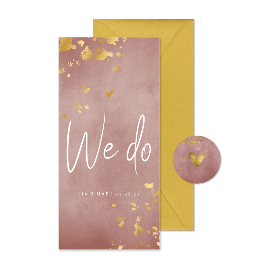 Trouwkaart oud roze waterverf gouden spetters - Kaartimpressie