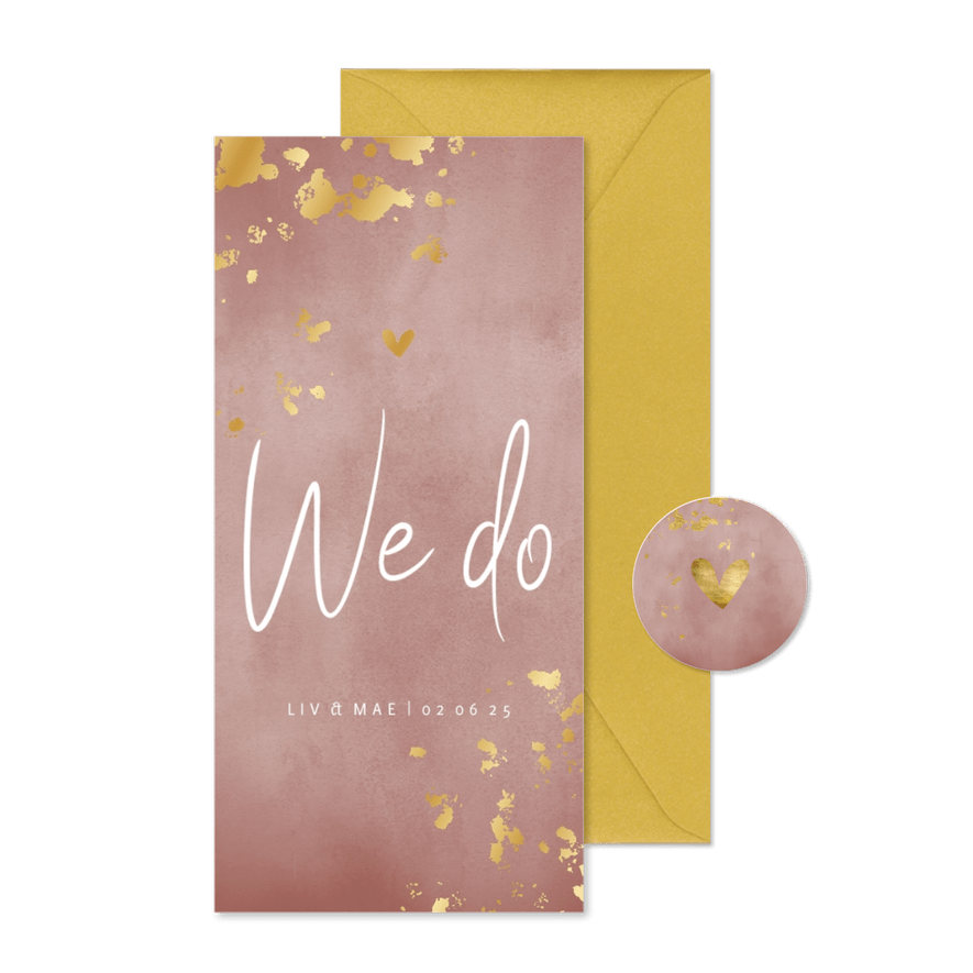 Trouwkaart oud roze waterverf gouden spetters - Kaartimpressie