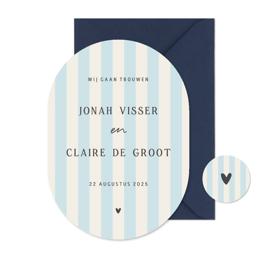 Trouwkaart ovaal klassiek gestreept blauw beige - Kaartimpressie