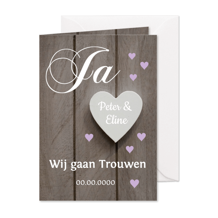 Trouwkaart paarse hartjes hout - Kaartimpressie