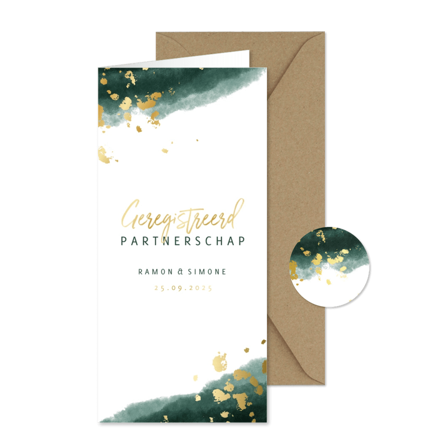 Trouwkaart parternerschap waterverf gouden tekst - Kaartimpressie