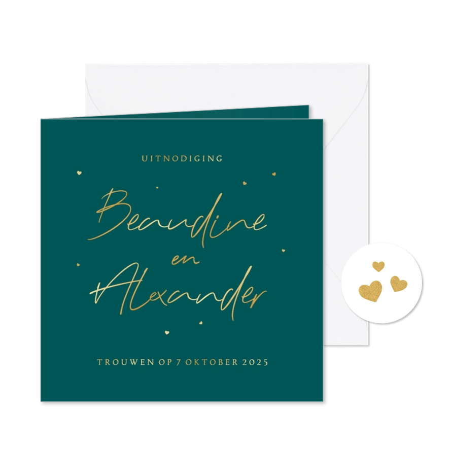 Trouwkaart petrol minimalistisch romantisch goud hartjes - Kaartimpressie
