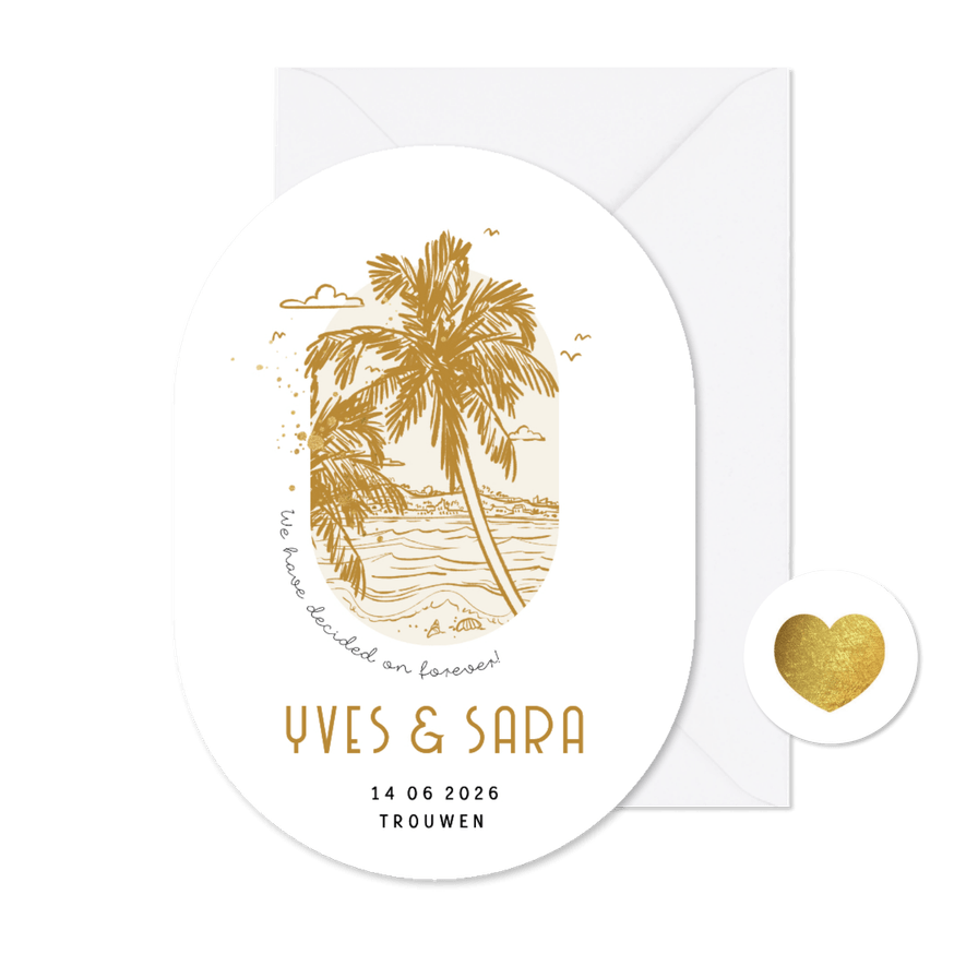 Trouwkaart pilvorm goud strand bohemian illustratie - Kaartimpressie