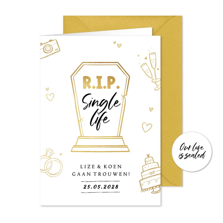 Trouwkaart R.I.P. single life grappig symbolen goud - Kaartimpressie