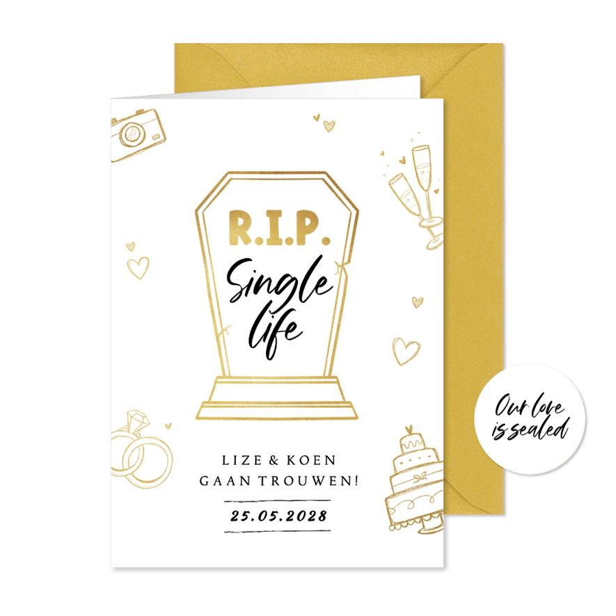 Trouwkaart R.I.P. single life grappig symbolen goud - Kaartimpressie