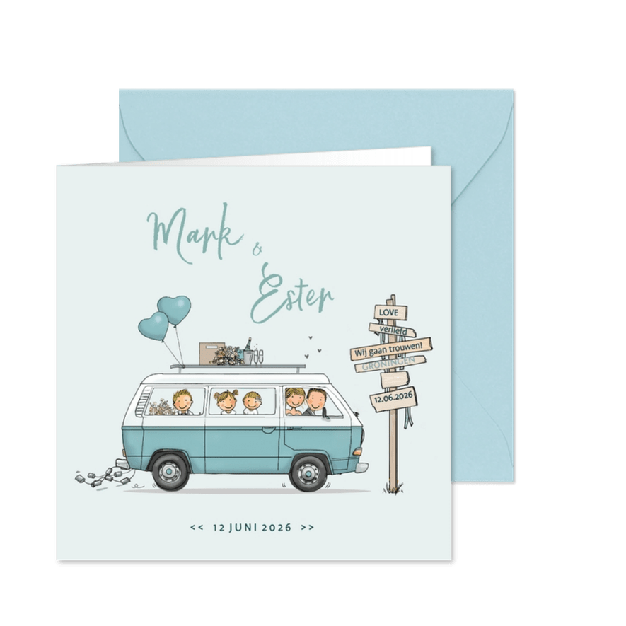 Trouwkaart retrobus aqua - Kaartimpressie