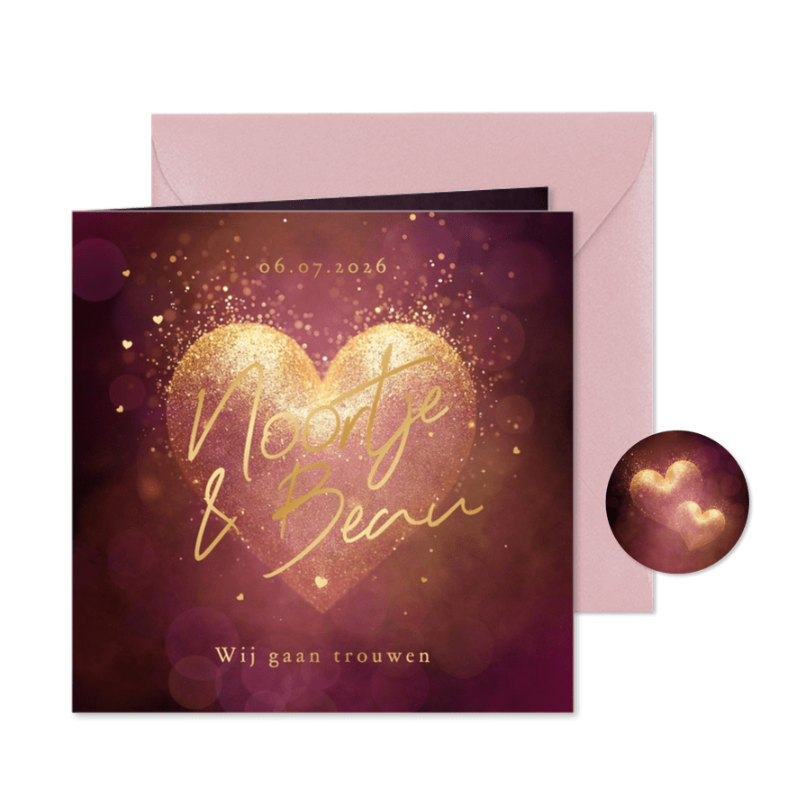 Trouwkaart romantisch hart goud donker stijlvol - Kaartimpressie