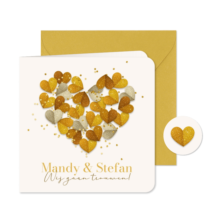 Trouwkaart romantisch hartjes goud glitter confetti hart - Kaartimpressie