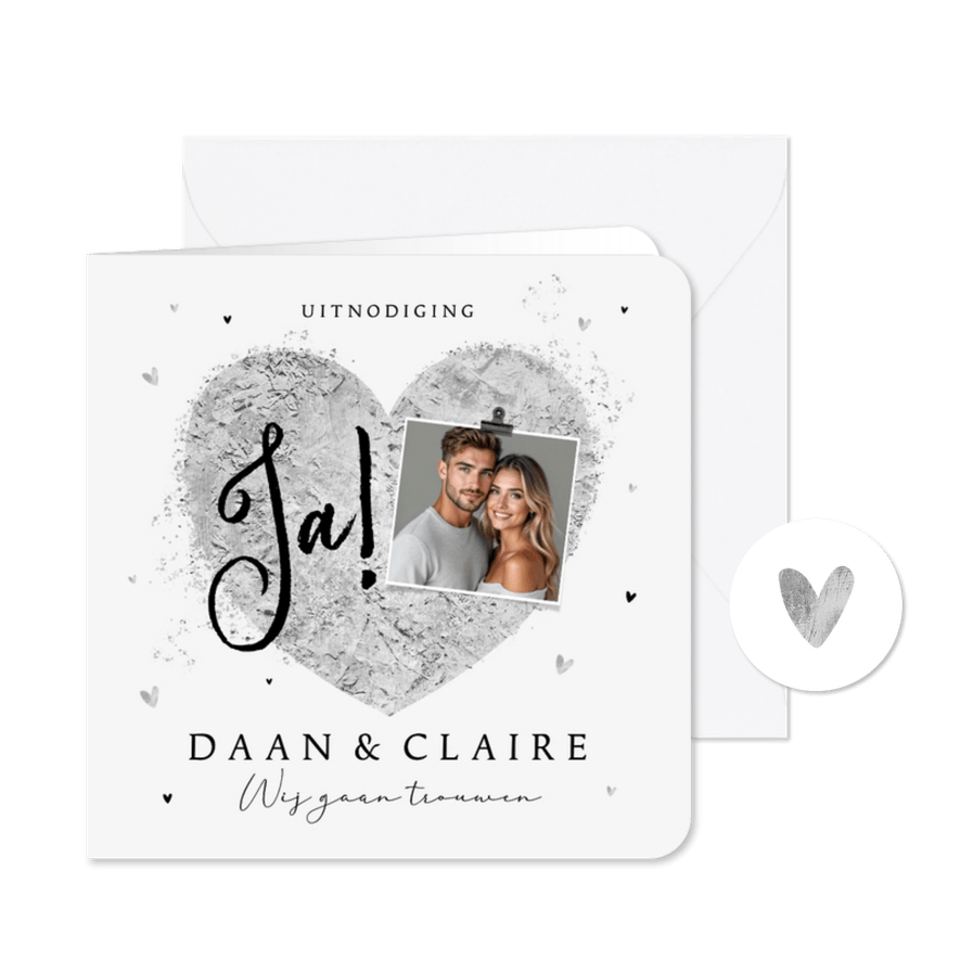 Trouwkaart romantisch hip hart zilver foto ja hartjes - Kaartimpressie