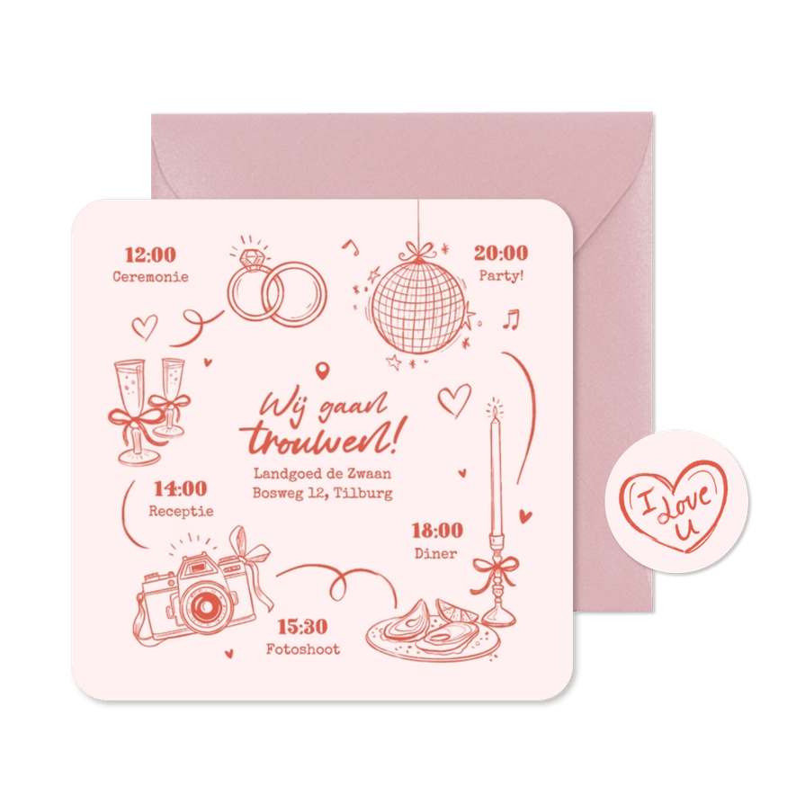 Trouwkaart roze doodle tijdlijn romantisch illustraties - Kaartimpressie