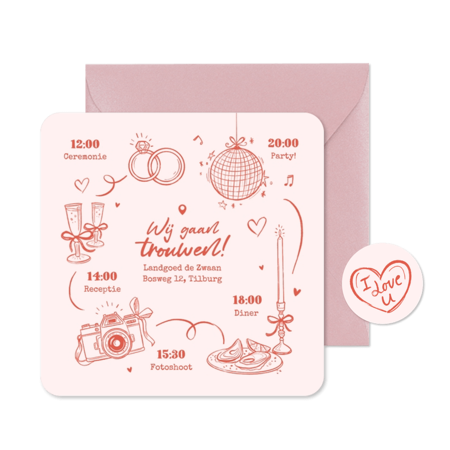 Trouwkaart roze doodle tijdlijn romantisch illustraties - Kaartimpressie