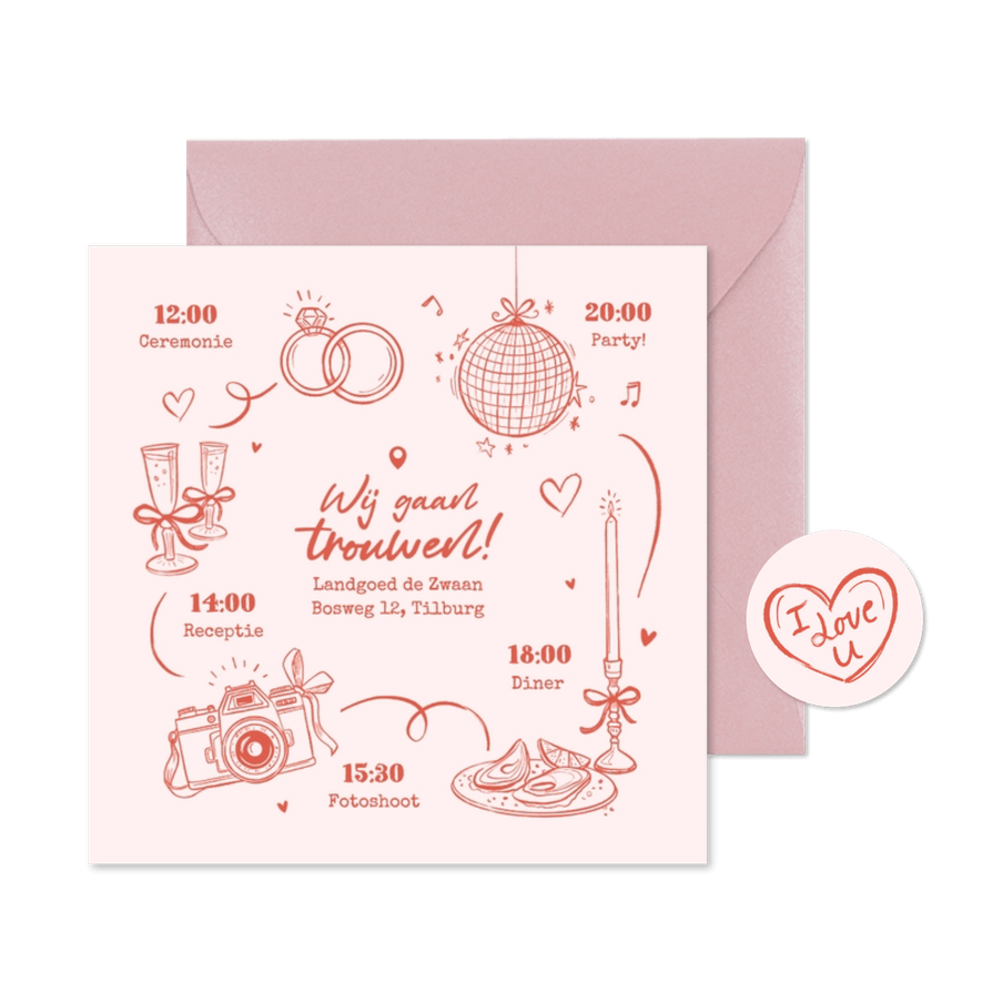 Trouwkaart roze doodle tijdlijn romantisch illustraties - Kaartimpressie
