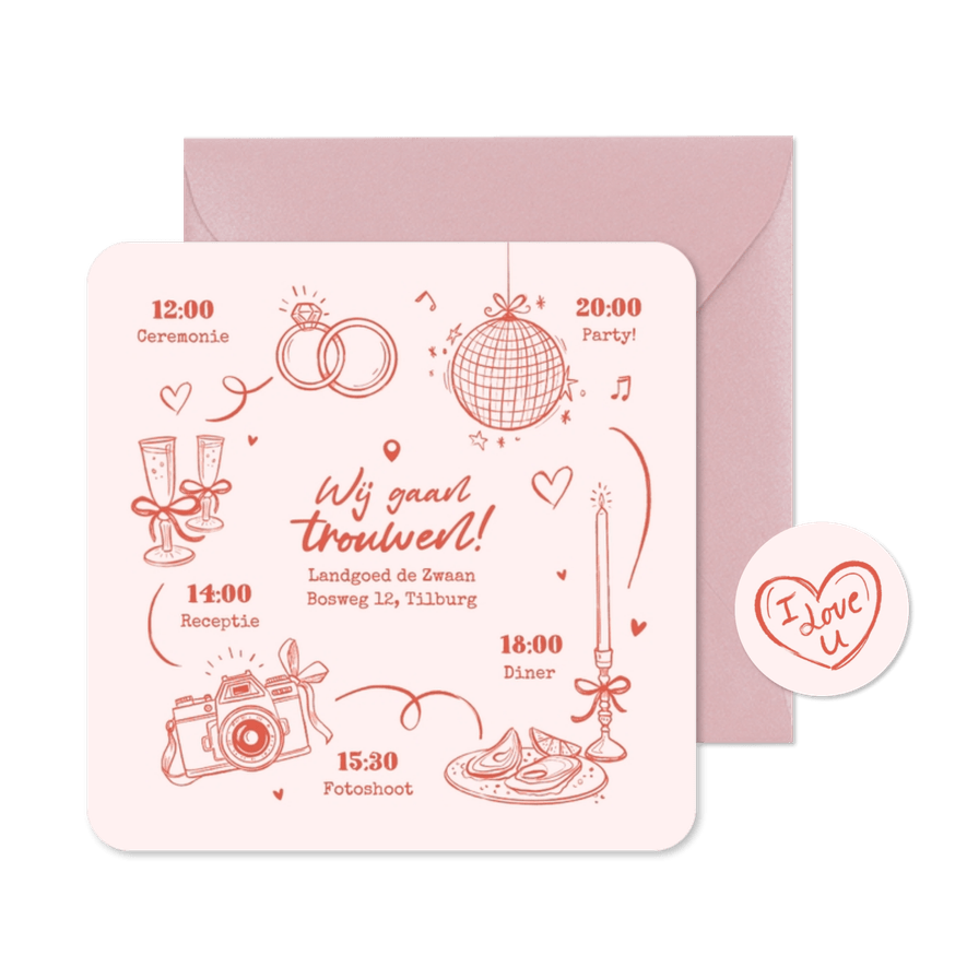 Trouwkaart roze doodle tijdlijn romantisch illustraties - Kaartimpressie