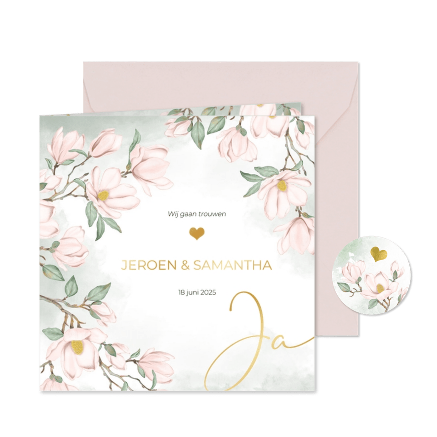 Trouwkaart roze magnolia - Kaartimpressie