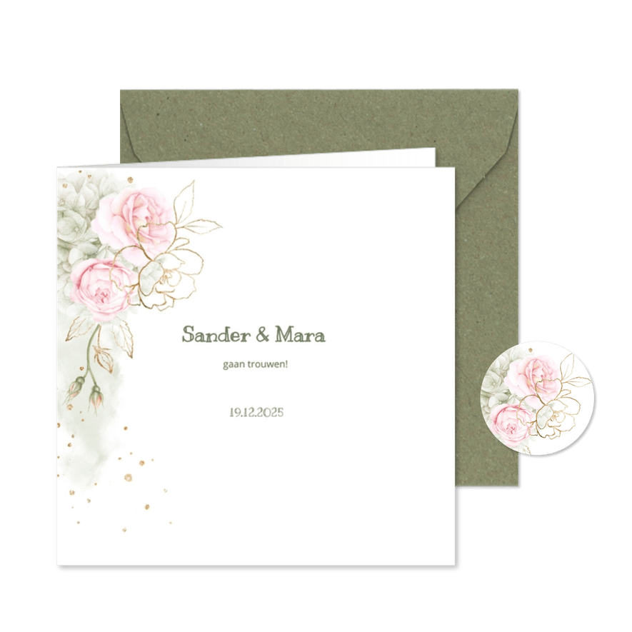 Trouwkaart roze rozen met goud - Kaartimpressie
