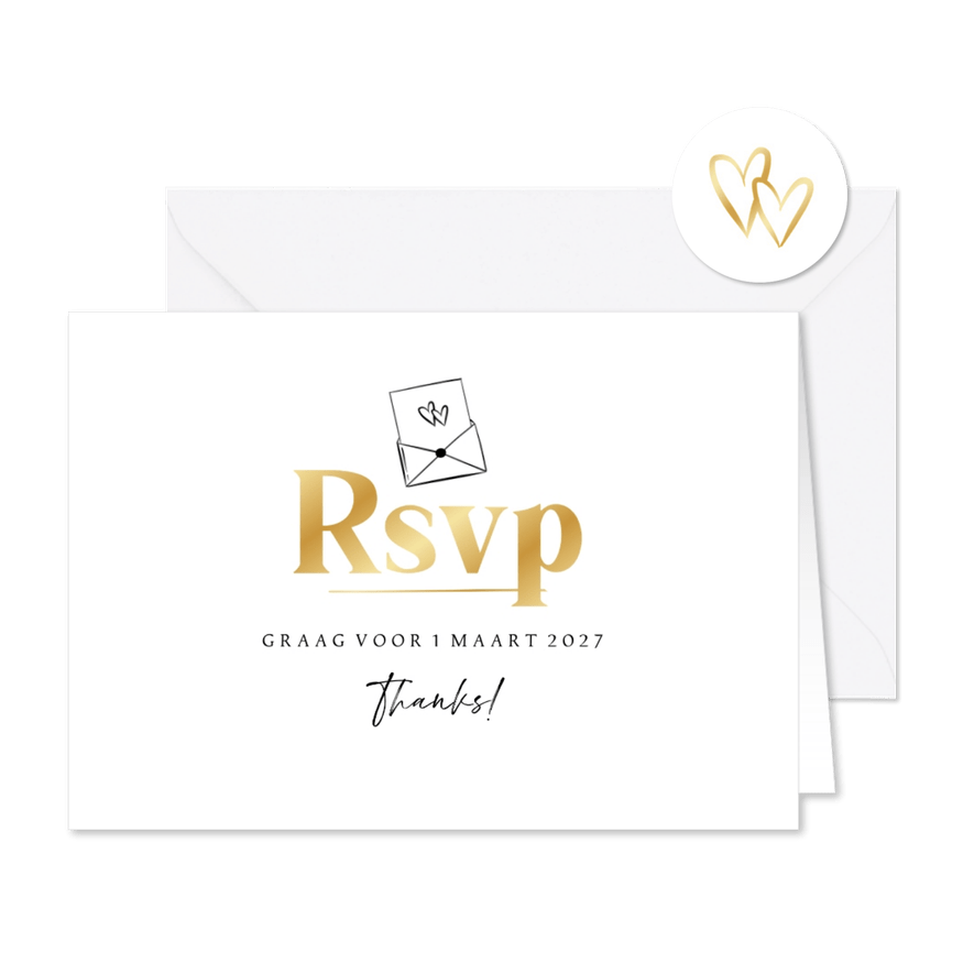 Trouwkaart RSVP goud stijlvol hartjes envelop - Kaartimpressie