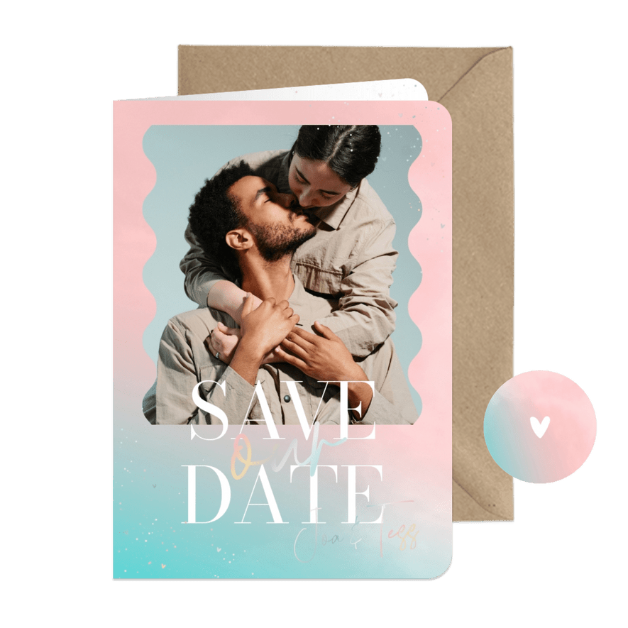 Trouwkaart save the date blauw roze holografisch met foto - Kaartimpressie