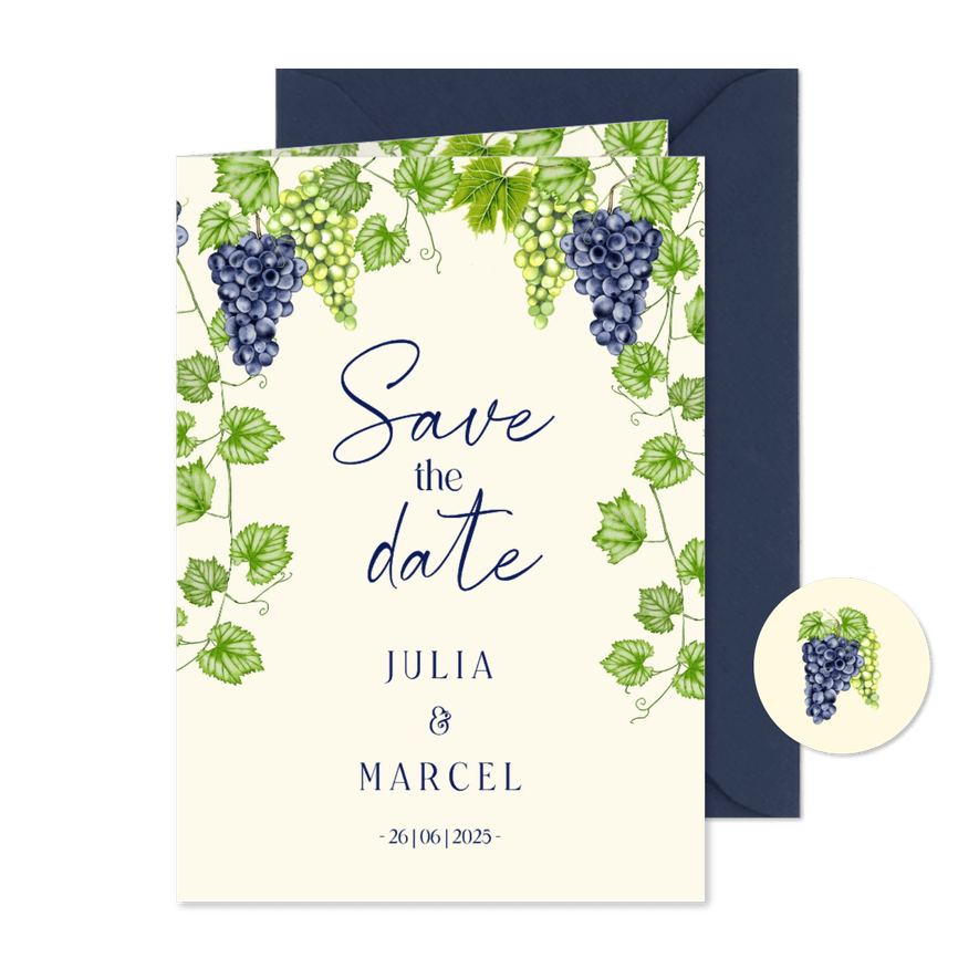 Trouwkaart save the date blauwe en groene druiven - Kaartimpressie