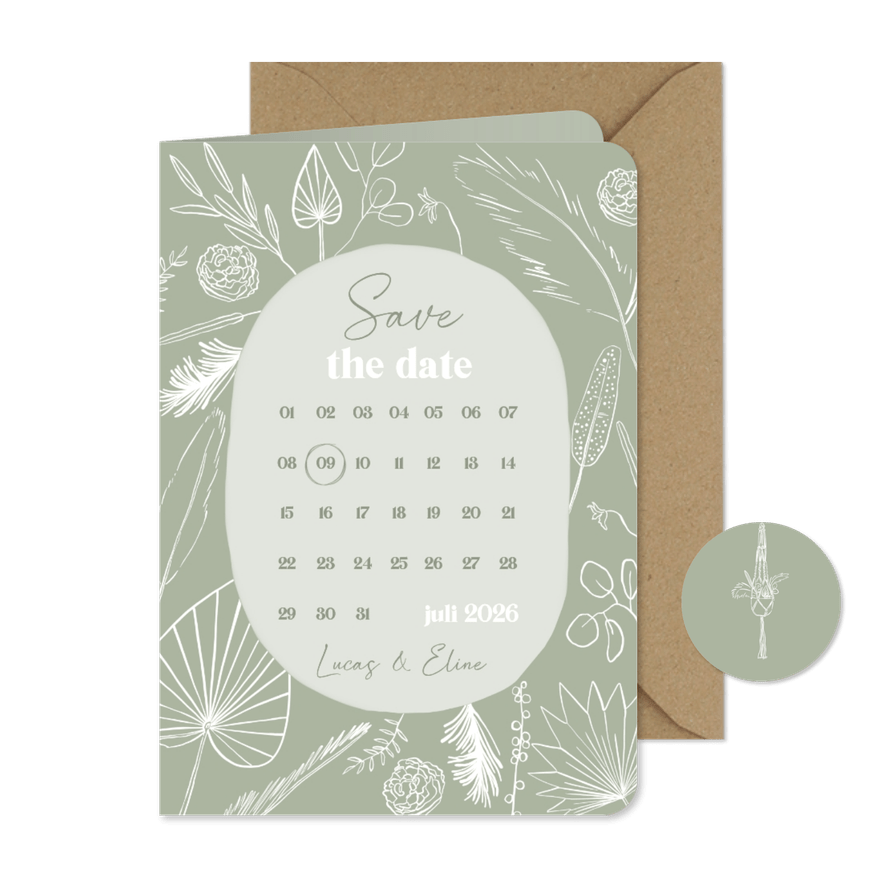 Trouwkaart save the date bohemian lijntekening kalender - Kaartimpressie