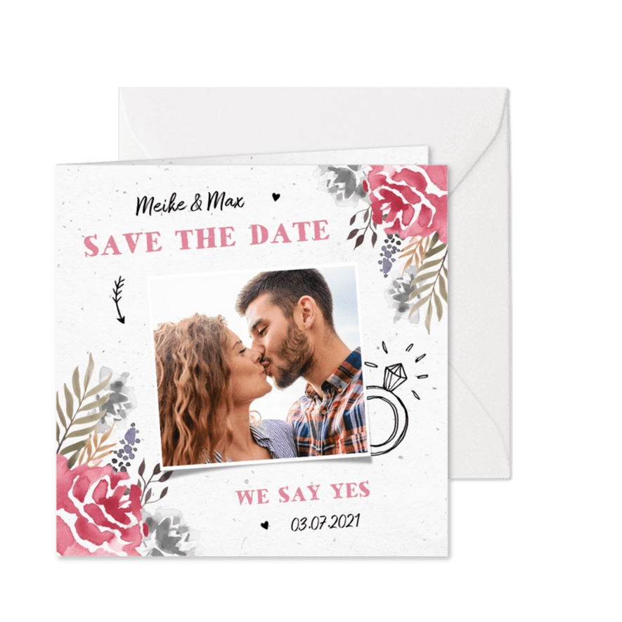 Trouwkaart save the date bohemian met waterverf bloemen - Kaartimpressie